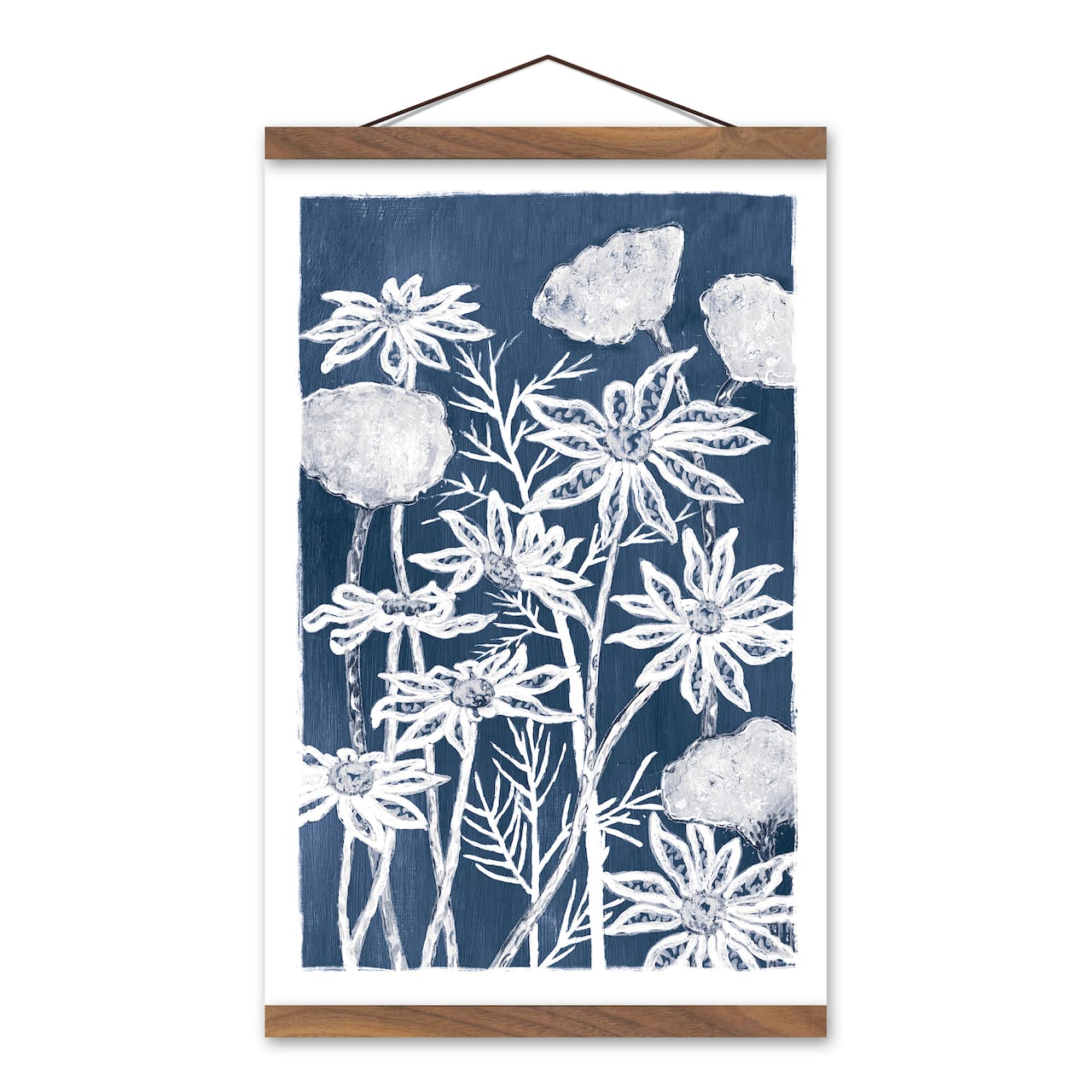 Blue White Floral 12" x 18" Teak Hanging Canvas